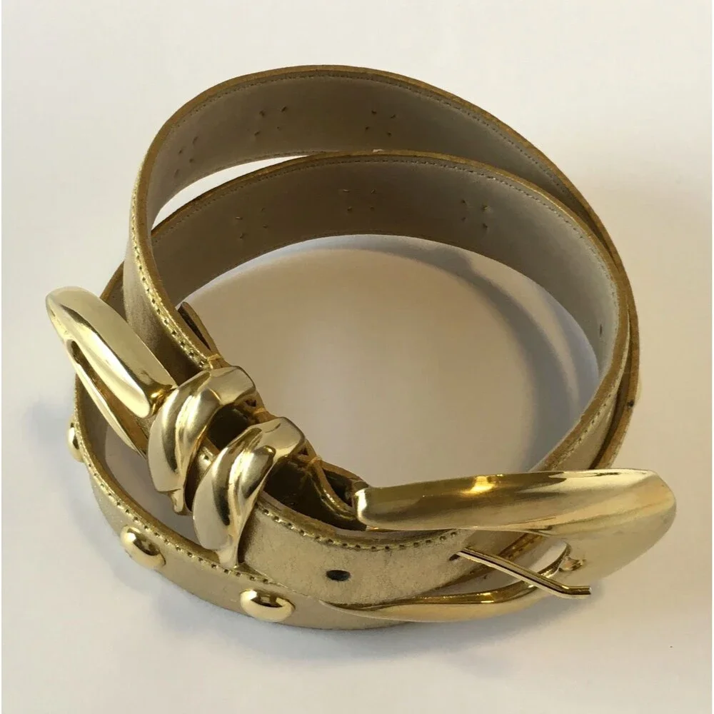 Vintage Genuine Leather Womens Belt Gold Tone & Buckle Studs marked Size S